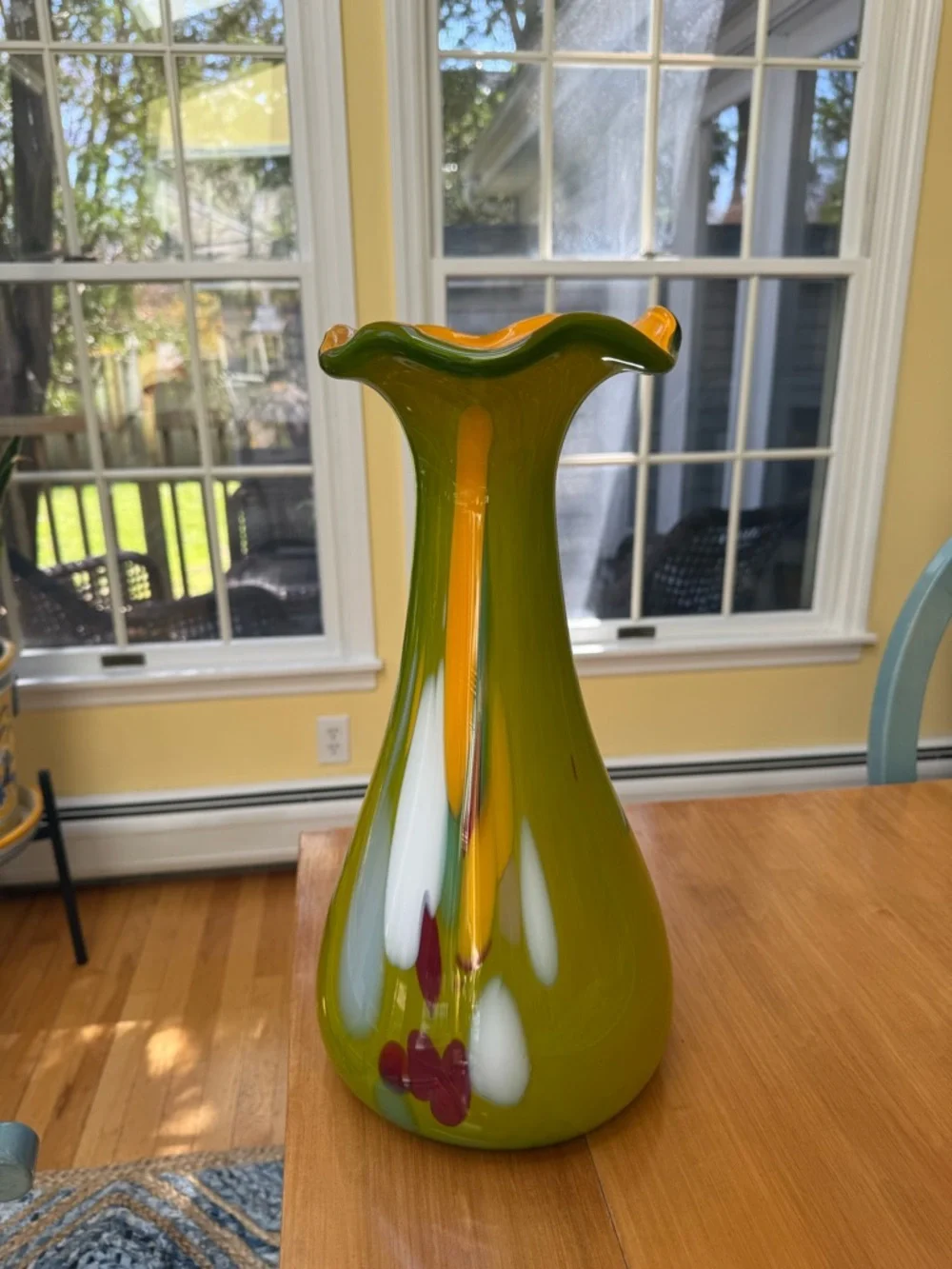 Mid Century Modern Handblown Art Glass Vase in Green, Yellow & Red